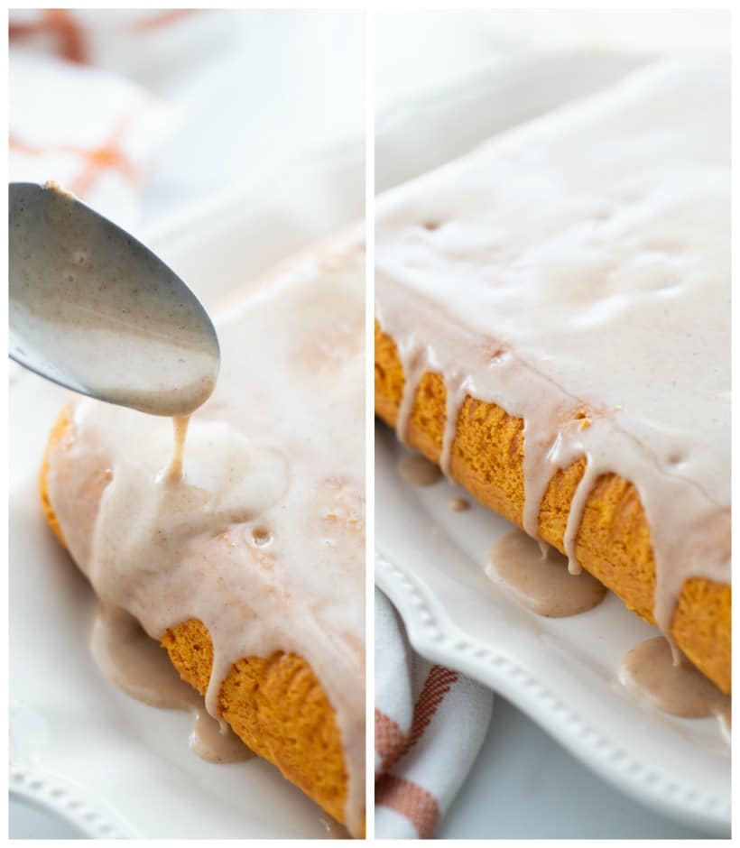 This Two-Ingredient Pumpkin Cake with Apple Cider Glaze will have your family and friends up in arms and begging for seconds. Maybe you should make two. Glazing the cake.