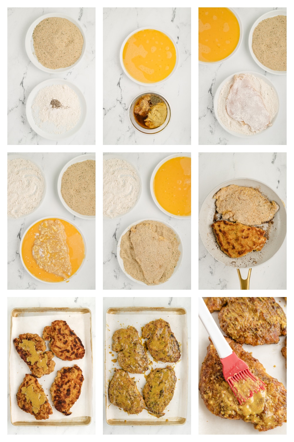 Step-by-step images showing how to bread and glaze chicken cutlets