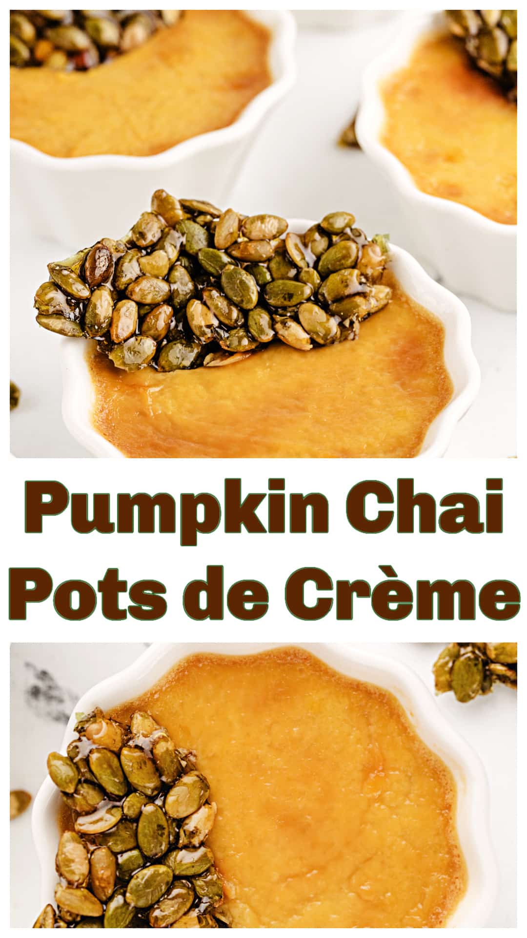 Pumpkin Chai Pots de Crème made with pumpkin purée, chai concentrate, and a silky baked-custard base. A fall dessert with warm spice, creamy texture, and crisp pumpkin seed brittle on top. Great for make-ahead Thanksgiving menus and elegant holiday dinners. If you want a pumpkin chai dessert with a smooth finish and no pie crust, this pots de crème delivers flavor, depth, and easy presentation. via @cmpollak1