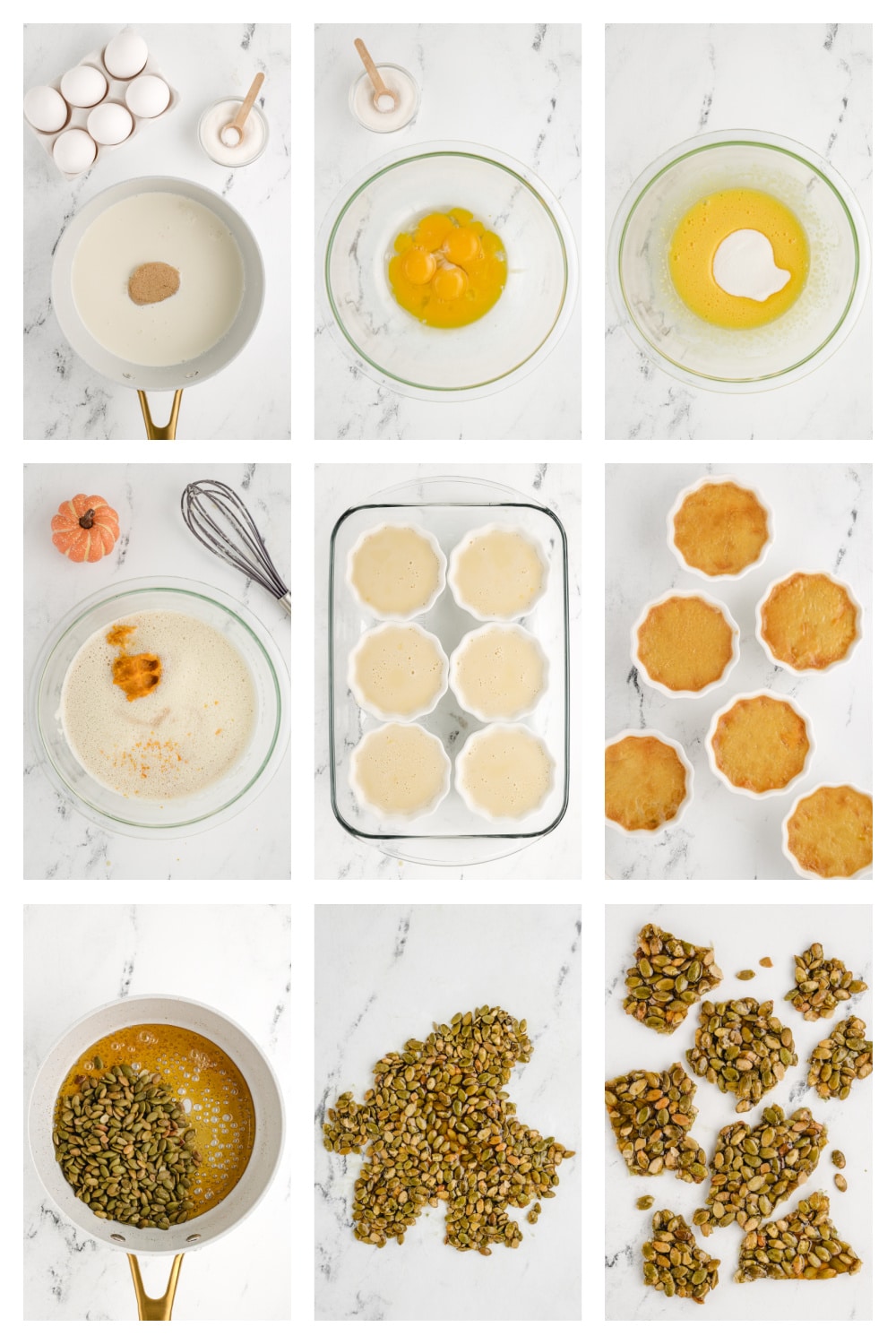 how to make pumpkin chai pots de creme Step by step showing how to make Pumpkin Chai Pots de Crème from tempering the custard to baking in a water bath and preparing pepita brittle.
