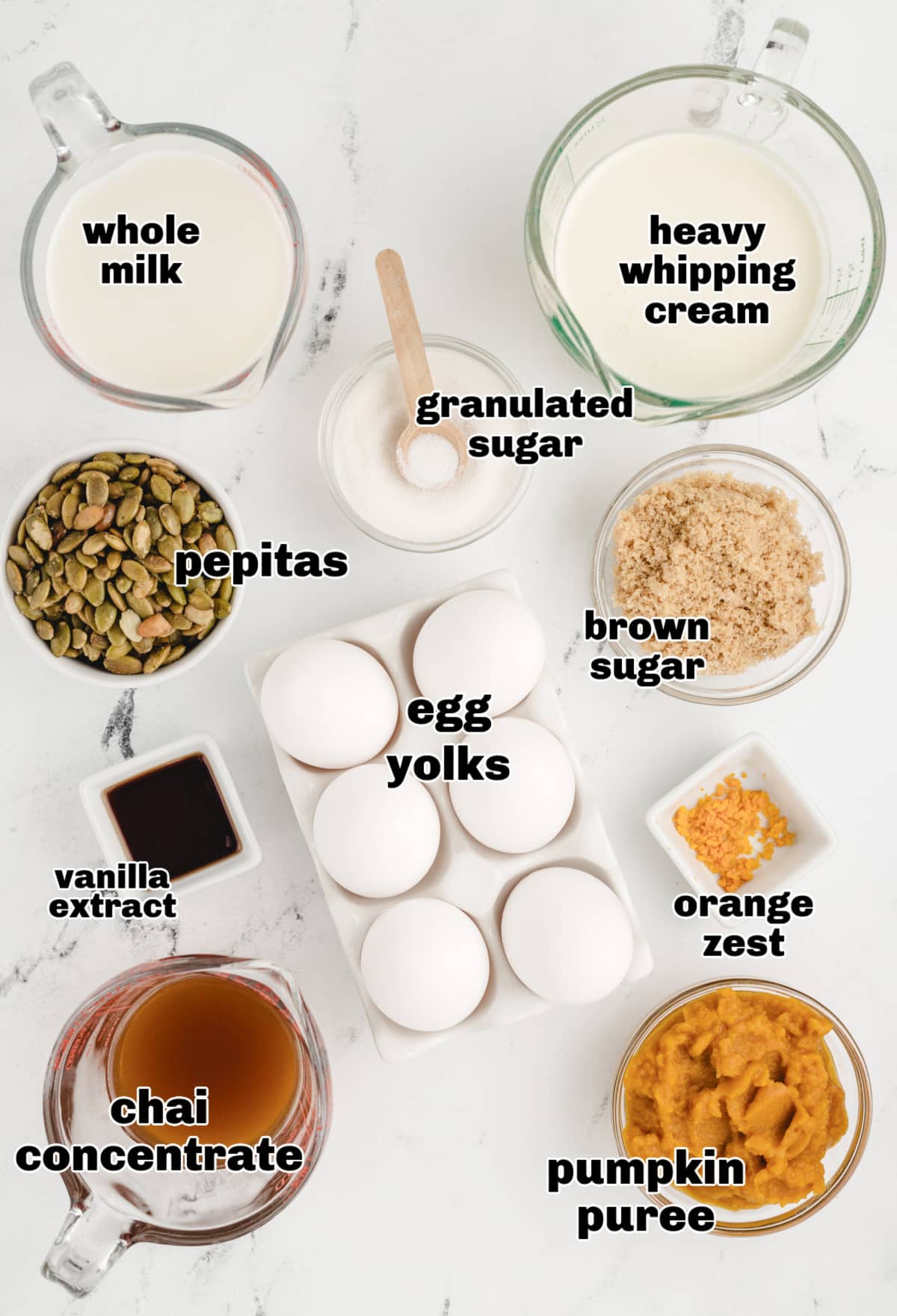pumpkin chai pots de creme ingredients Ingredients for Pumpkin Chai Pots de Crème including pumpkin purée, chai concentrate, egg yolks, cream, brown sugar, and pepitas for brittle.