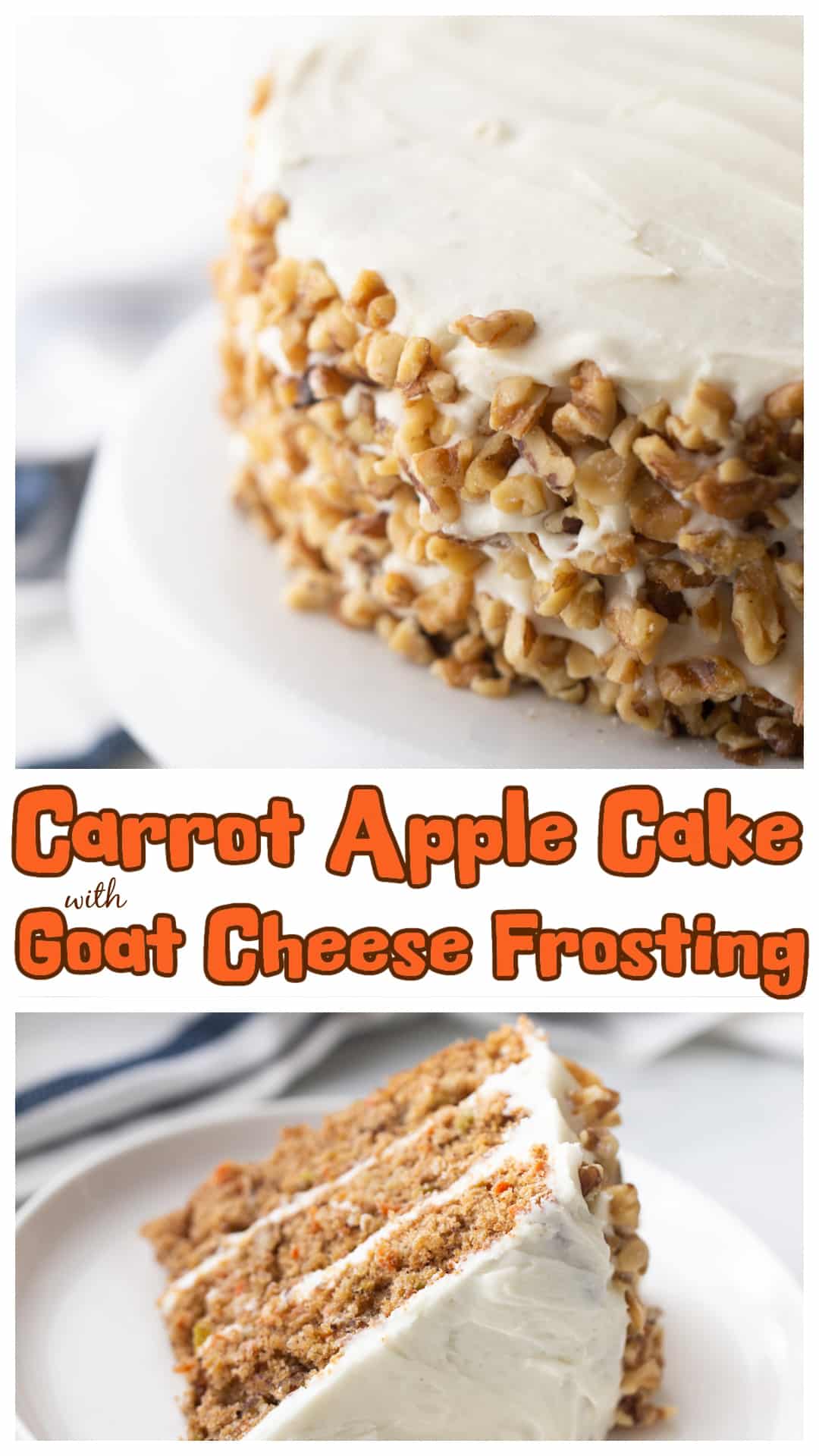 This Carrot Apple Cake with Goat Cheese Frosting is tender, spiced, and loaded with shredded carrots and tart apples. It’s not too sweet and bakes up into three soft layers, stacked and frosted with a tangy mix of goat cheese and cream cheese. The frosting adds a unique twist that pairs perfectly with the cake. Topped with chopped walnuts and chilled until set, this cake slices clean and keeps well for days. via @cmpollak1