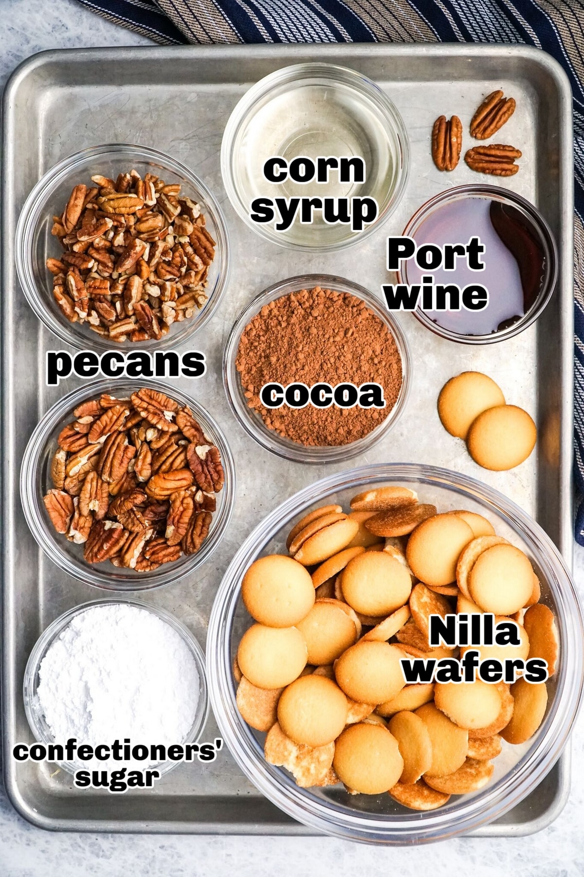 Ingredients for Port Wine Cocoa Bites on a tray. All the ingredients for Port Wine Cocoa Bites laid out on a tray.