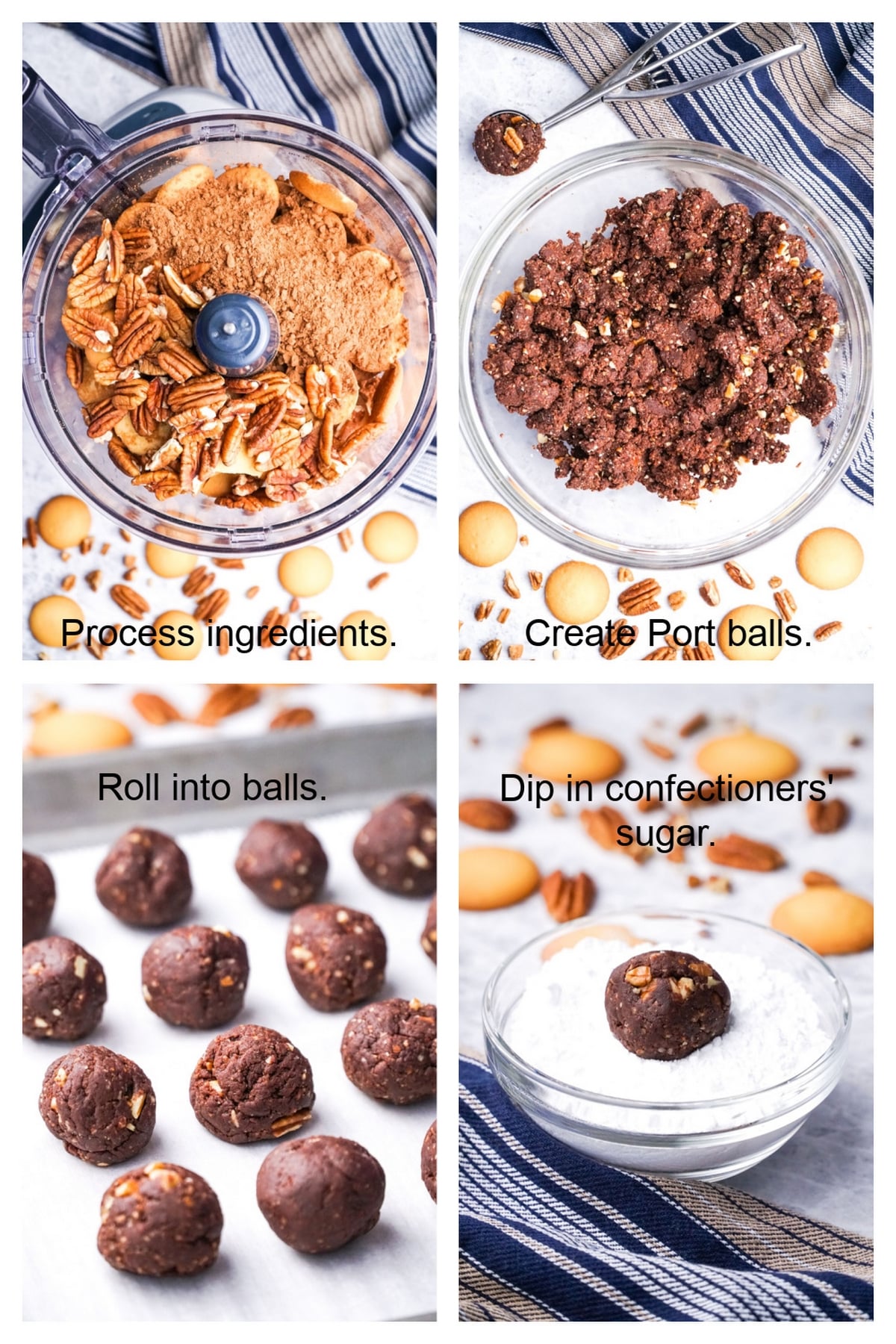 Steps to make Port Wine Cocoa Bites A collage showing the steps to make Port Wine Cocoa Bites, from mixing to rolling.