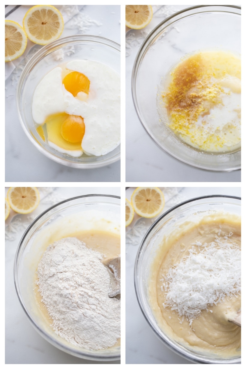 Step-by-step collage of making coconut-lemon loaf, from mixing to glazing.