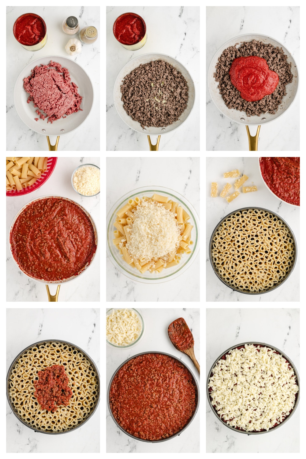 How to make Pasta Pie A collage of images showing key steps in making pasta pie, from packing the rigatoni into the pan to filling it with meat sauce.