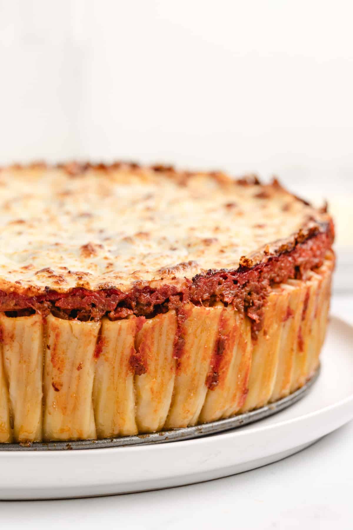 the whole pasta pie A golden-brown baked pasta pie made with rigatoni, standing upright and topped with melted mozzarella, fresh from the oven.
