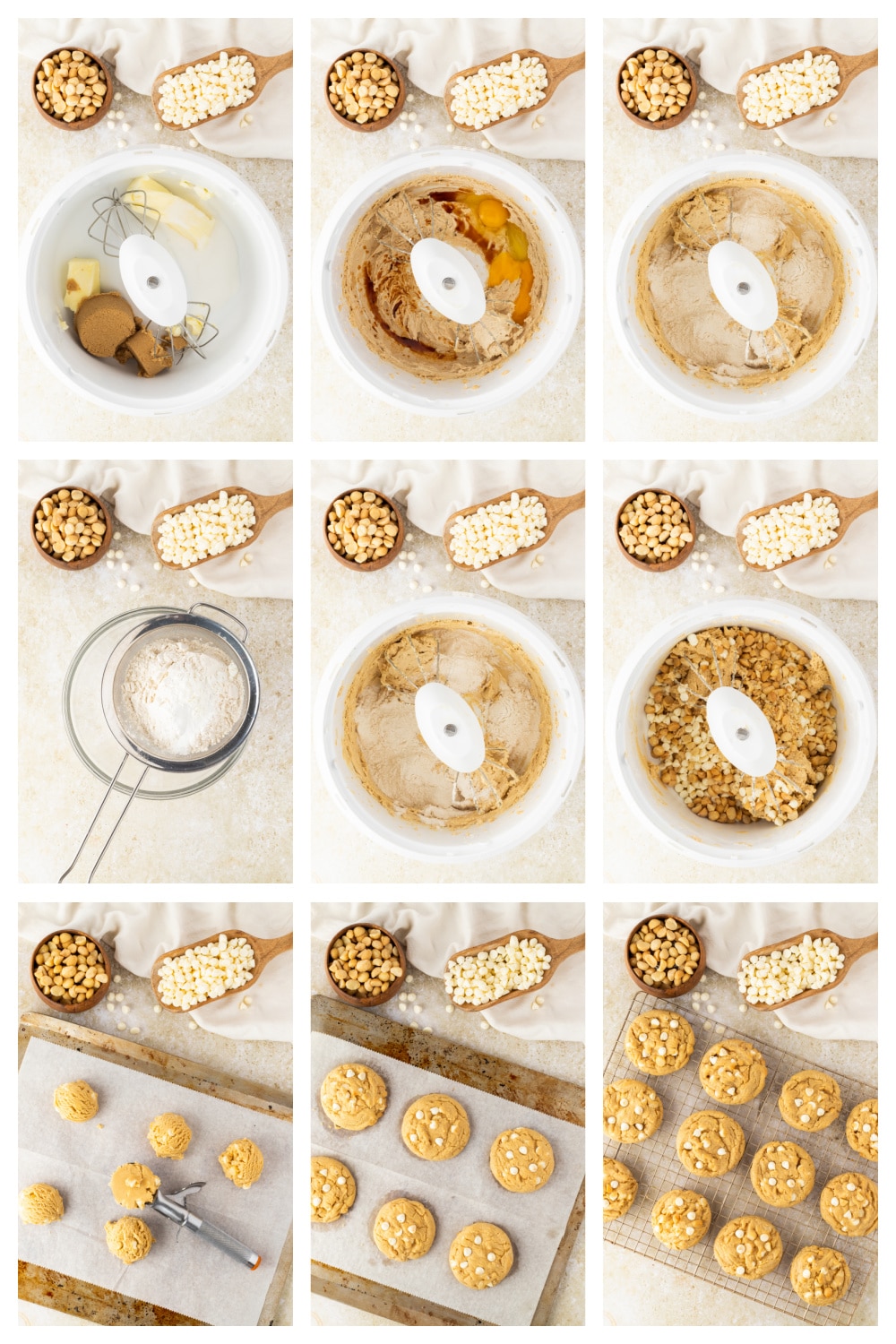 White Chocolate Macadamia Cookie Dough Process process of making white chocolate macadamia cookie dough showing mixing dough and adding white chocolate chips and macadamia nuts