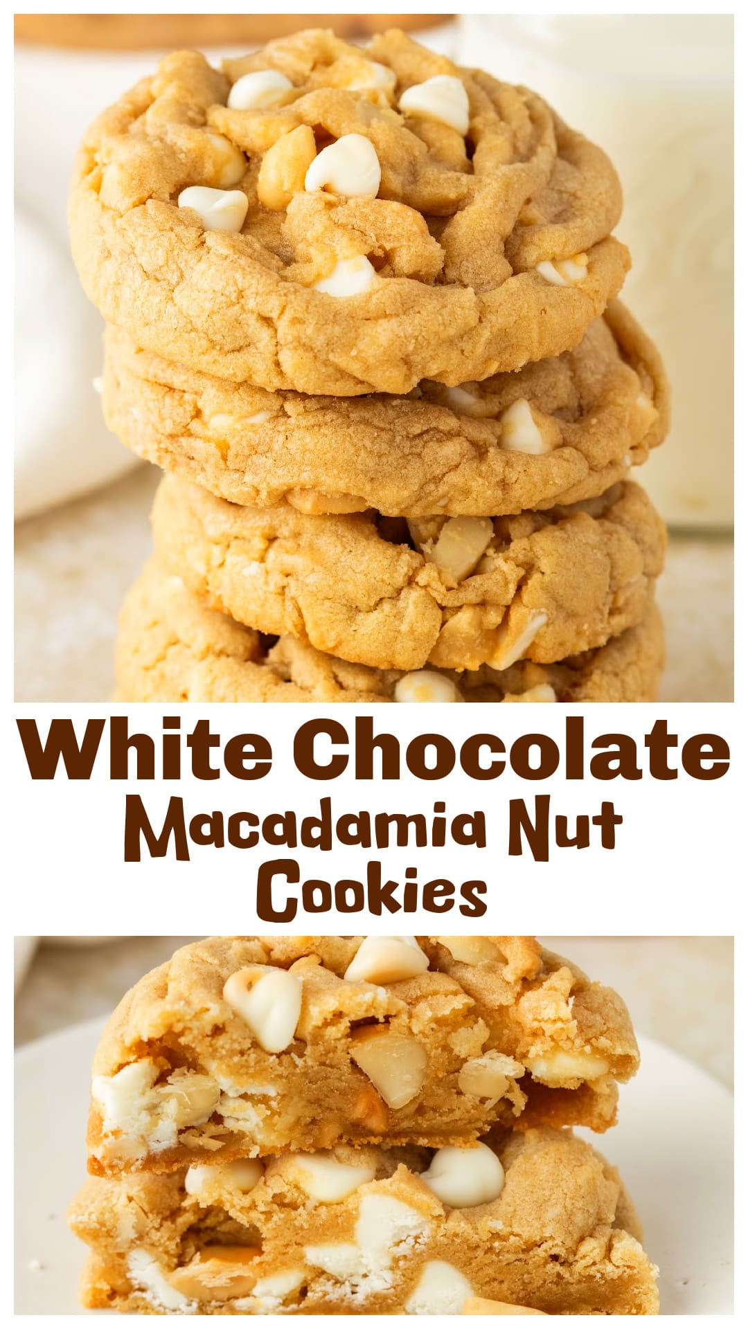 White chocolate macadamia nut cookies that bake up soft, thick, and bakery-style with lightly crisp edges. This easy cookie recipe uses a lower baking temperature and an extra egg yolk to keep the centers tender and prevent spreading. Loaded with white chocolate chips and buttery macadamia nuts, these cookies stay soft even the next day. via @cmpollak1