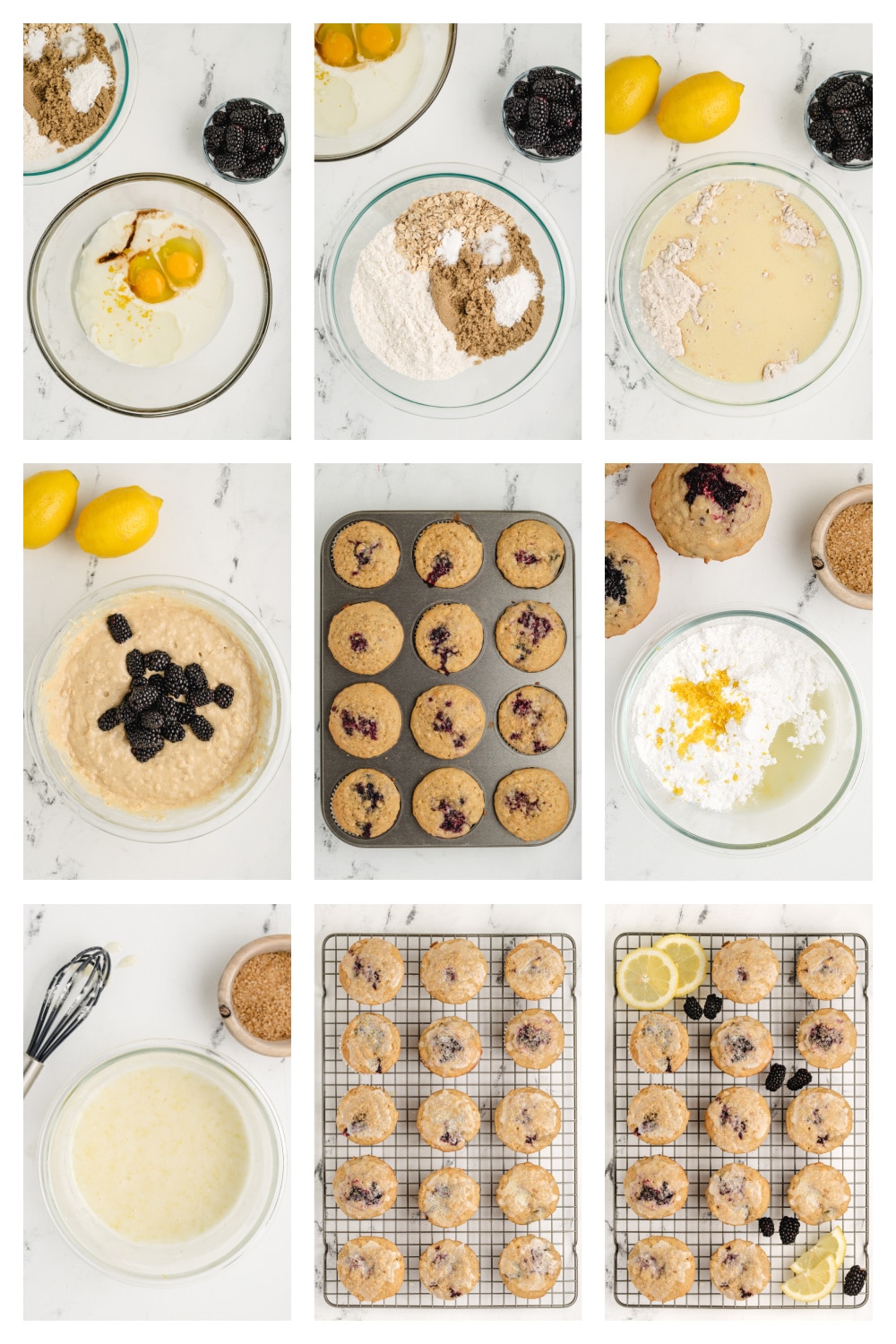  step-by-step photos showing how to make blackberry lemon oat muffins from mixing to glazing
