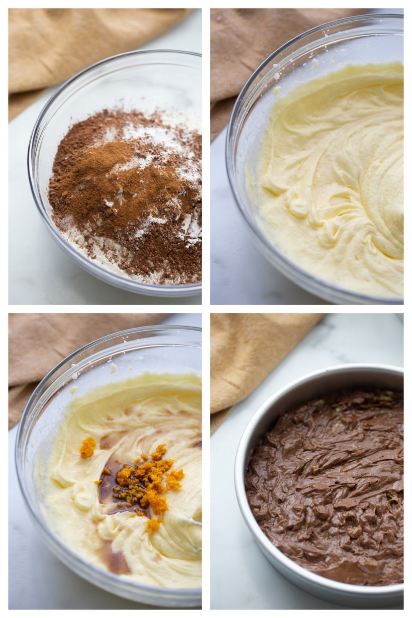 Step-by-step process for making chocolate zucchini cake batter, including dry ingredients with cocoa and cinnamon, creamed butter mixture, orange zest added to the bowl, and final chocolate batter in the cake