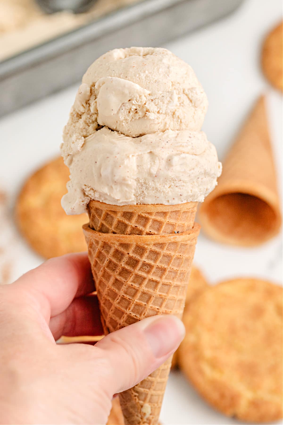 Hand holding a waffle cone with two scoops of cinnamon-spiced ice cream.