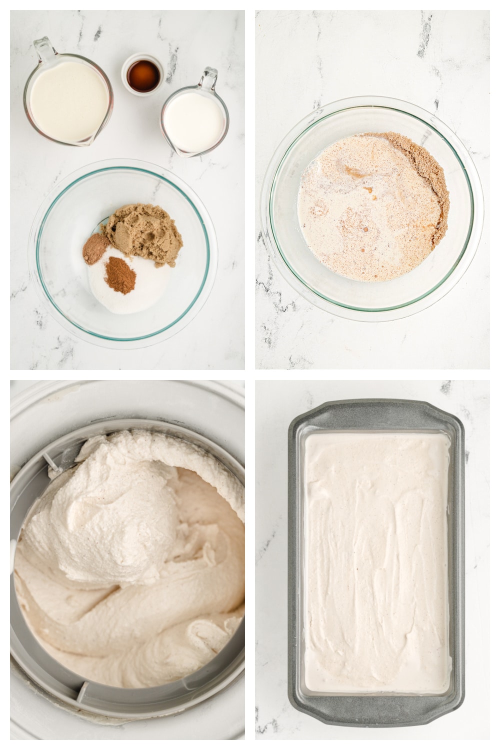 Step-by-step images showing how to make snickerdoodle ice cream.
