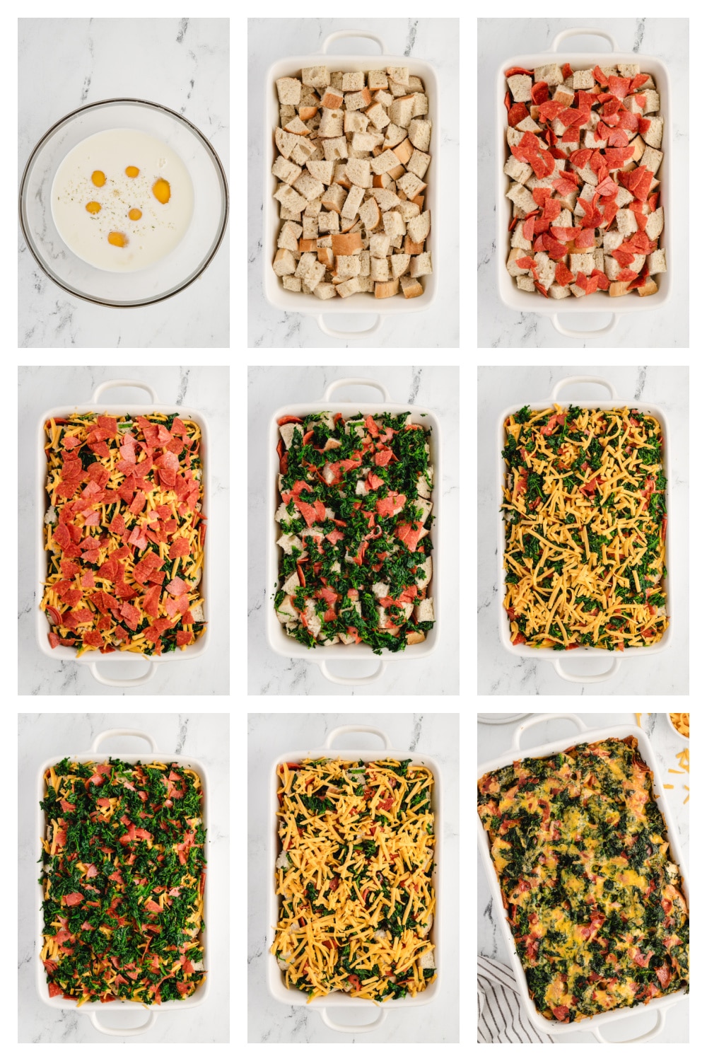 How to make Cheesy Pepperoni Strata collage showing layering of bread, pepperoni, spinach, cheese, and pouring the egg mixture over the top.