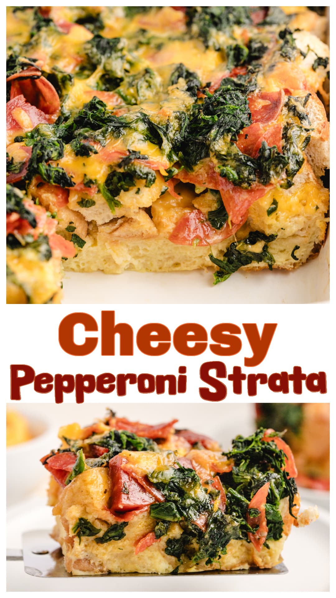 This cheesy pepperoni strata is a savory breakfast casserole layered with rustic bread, chopped pepperoni, spinach, and extra sharp cheddar cheese. Perfect for brunch, holiday mornings, or make-ahead meal prep. The egg and milk custard bakes up golden and bubbly with bold flavor in every bite. Easy to prep the night before and great for feeding a crowd. A hearty, flavorful twist on classic breakfast casseroles. via @cmpollak1