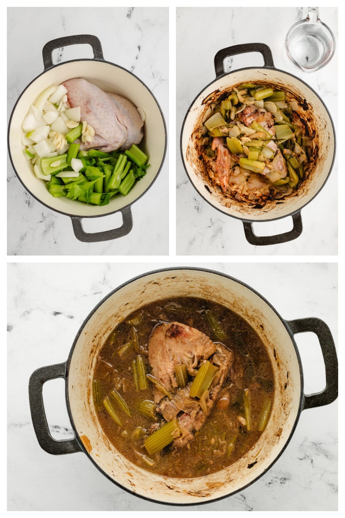 Roasting Turkey Wings and Vegetables for Make Ahead Gravy Step-by-step process showing turkey wings, onion, celery, and garlic roasting in a Dutch oven, then simmering in water to make rich stock for make ahead turkey gravy.