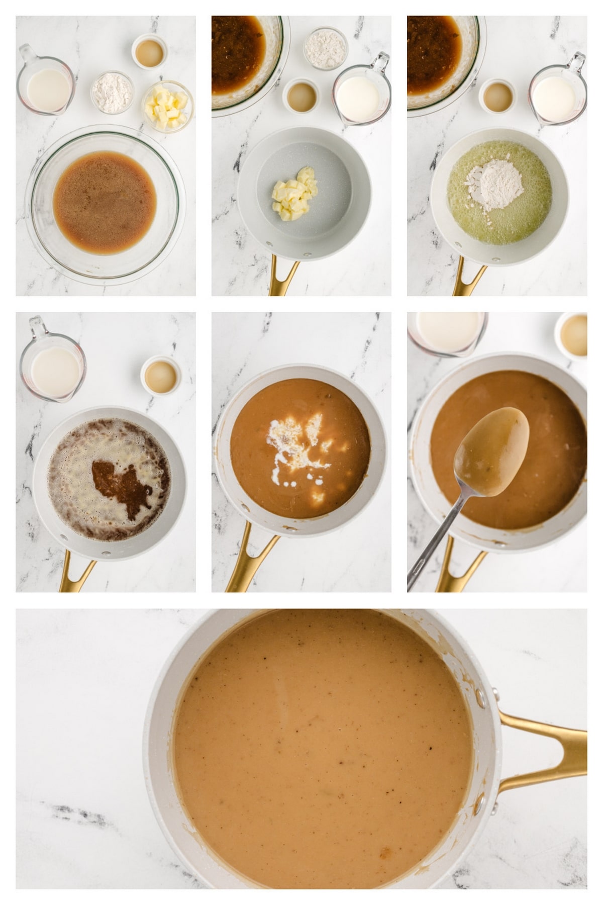 Make holiday prep easier with this Make-Ahead Turkey Gravy – it’s ready a couple of days before, thanks to flavorful turkey wings. Step-by-step images showing how to make homemade turkey gravy with a buttery roux, whisking in stock, milk, and cider vinegar for a smooth, golden finish.