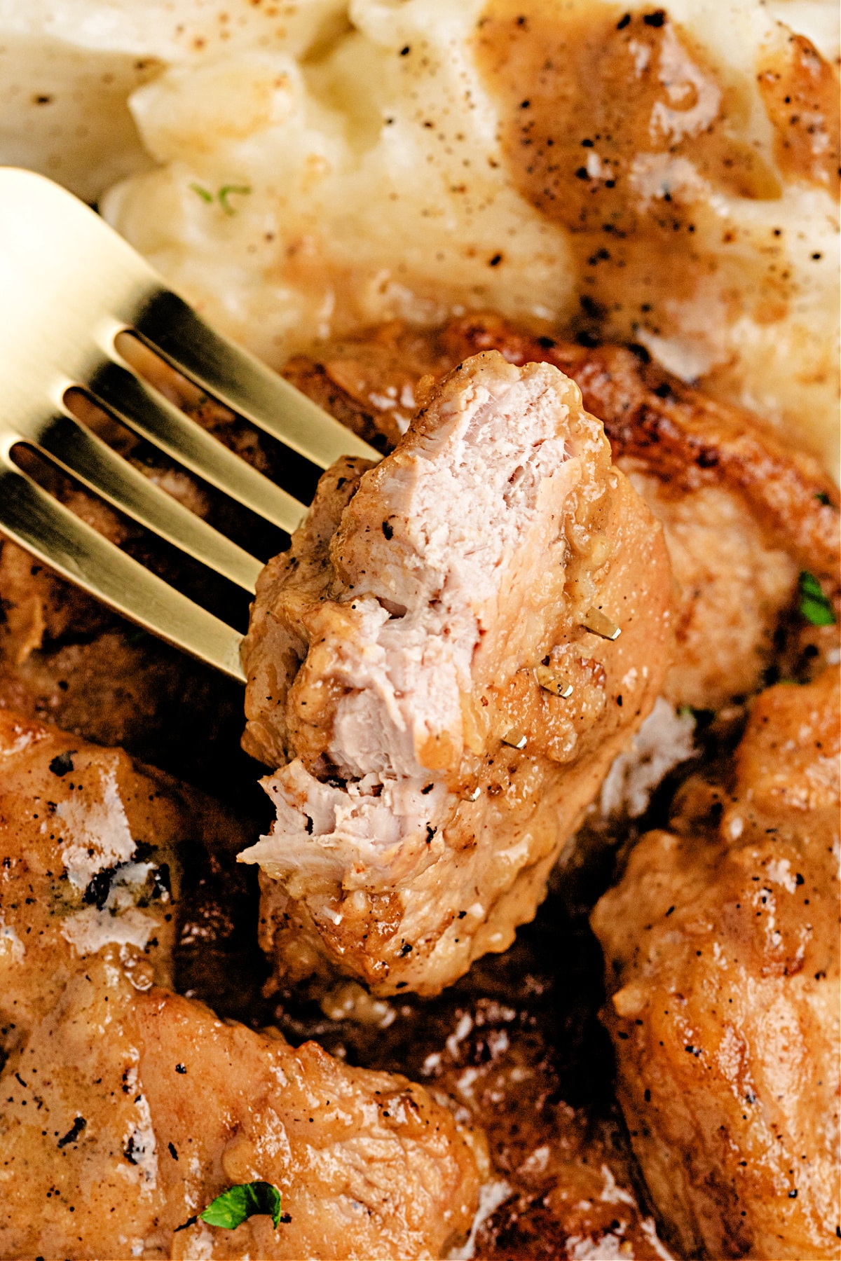 Fork holding a tender piece of pork coated in cider cream sauce, served alongside mashed potatoes.