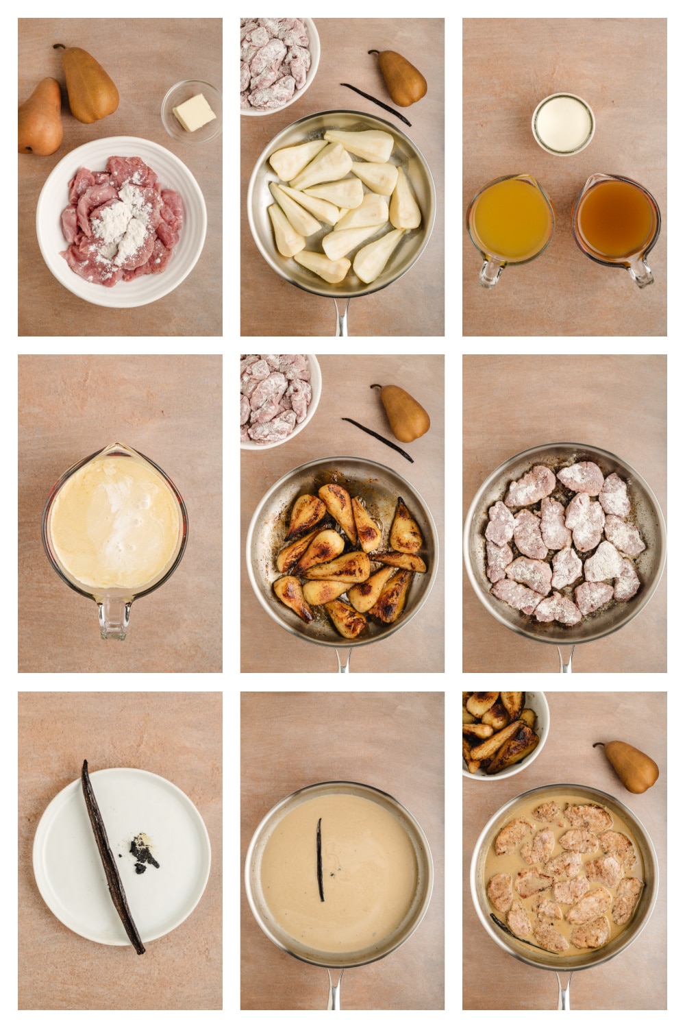 Step-by-step process for making Vanilla Cider Pork with Caramelized Pears, showing seared pears, pork medallions, and creamy cider-vanilla sauce coming together for a fall skillet dinner. 