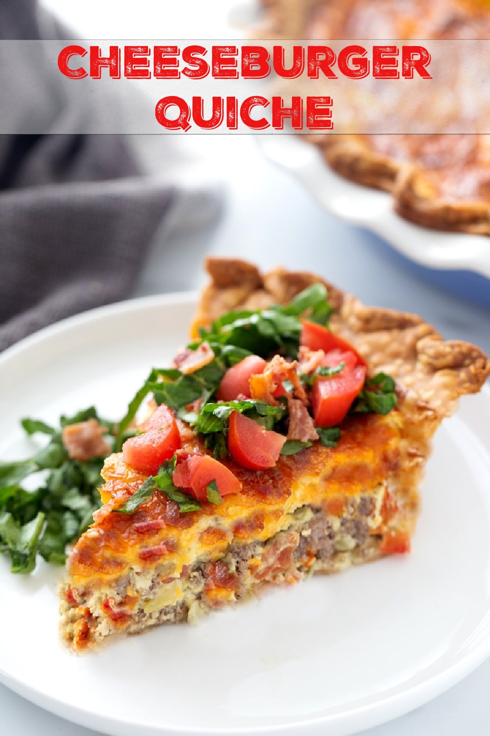 A Cheeseburger Quiche that tastes just like the hamburger you've been craving. Packed with ground beef protein and bacon, this quiche is the best! via @cmpollak1