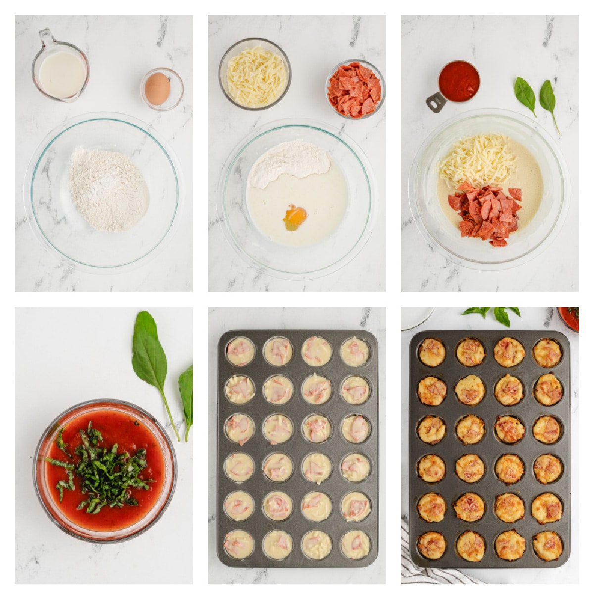 A series of images showing the process of mixing the batter, filling the muffin pan, baking, and serving the pizza puffs with sauce.