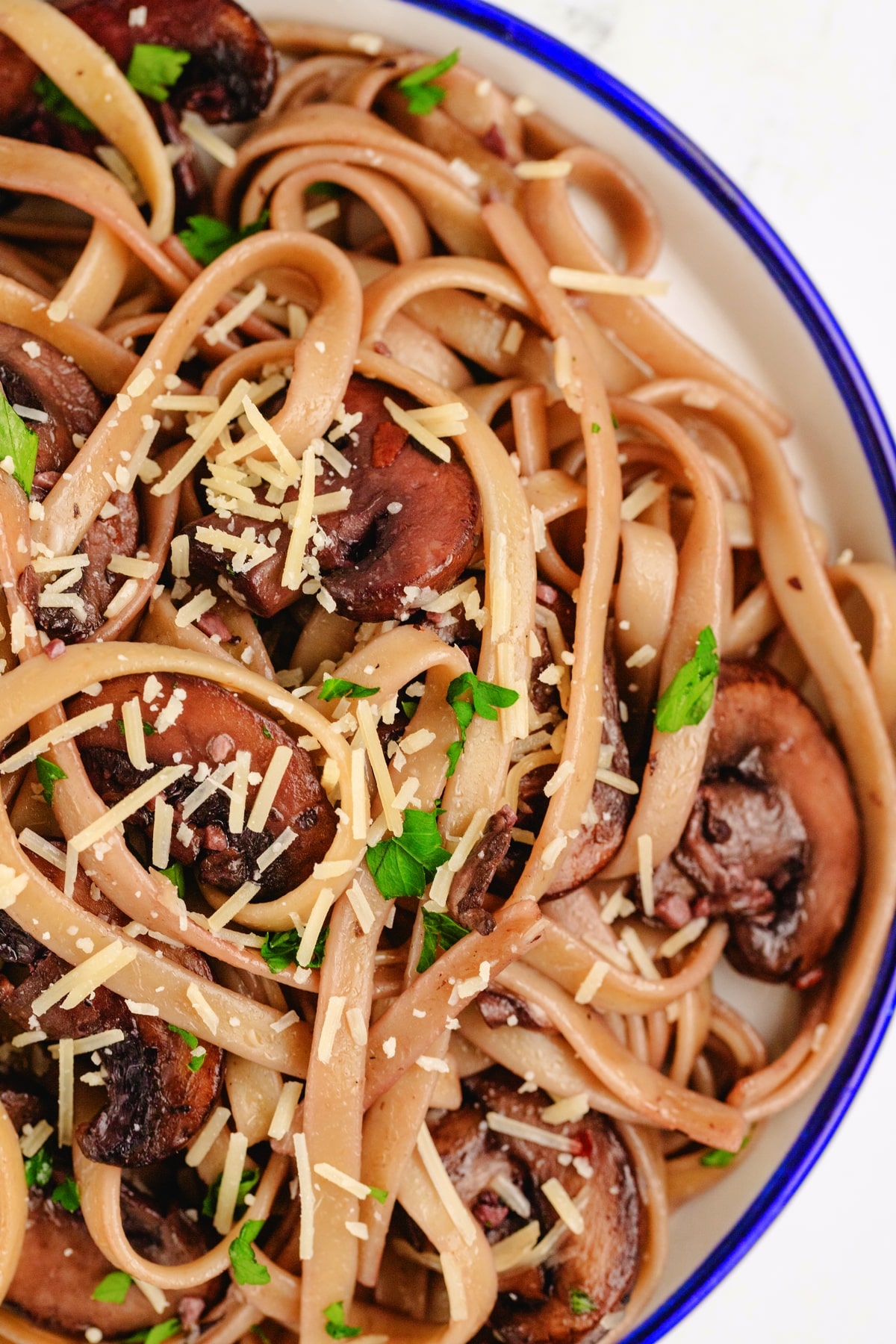 Fettuccine with mushroom sauce and fresh parsley sprinkled with Parmesan
