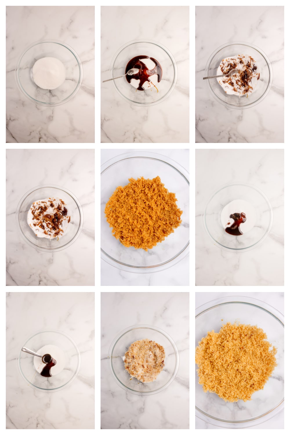 Step-by-step mixing of sugar and molasses into homemade brown sugar. Step-by-step photos showing granulated sugar mixed with molasses in a glass bowl, from the first pour to the fully blended homemade brown sugar.