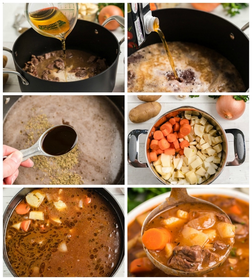 How to make Beef Irish Stew A collage showing key steps in making Beef Irish Stew, from browning the beef to adding liquids and vegetables, ending with the finished stew.