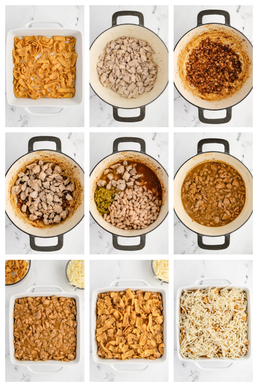 Collage showing steps to make Chicken Frito Pie Casserole, from browning chicken to layering and baking.