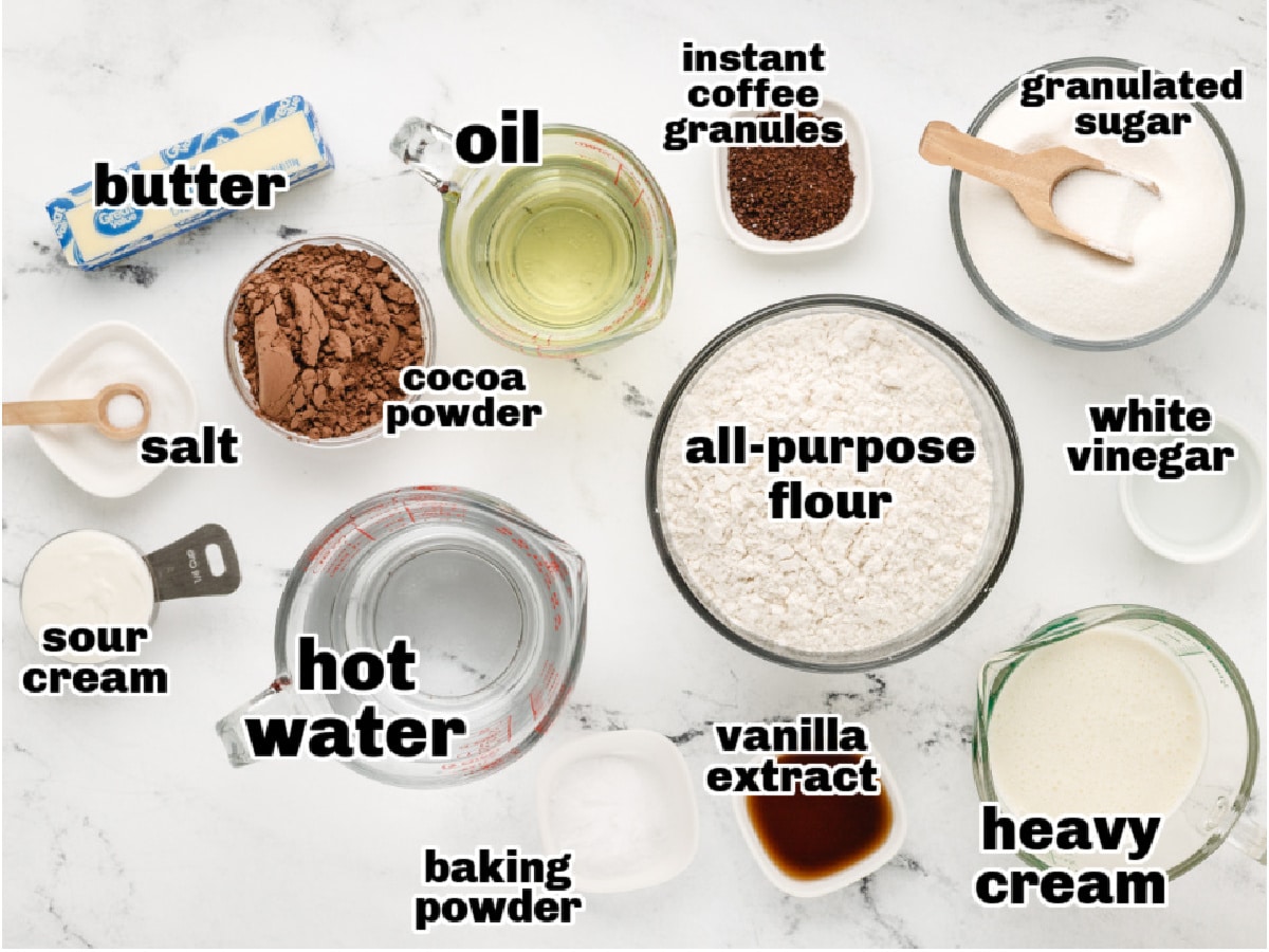 Overhead shot of ingredients for the chocolate cake and icing, including cocoa powder, flour, sugar, butter, and cream.