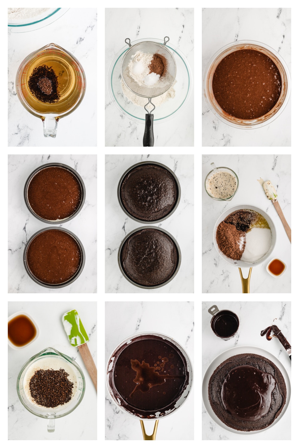 Step-by-step collage showing the process of making the cake batter, baking the layers, making the icing, and frosting the cake.