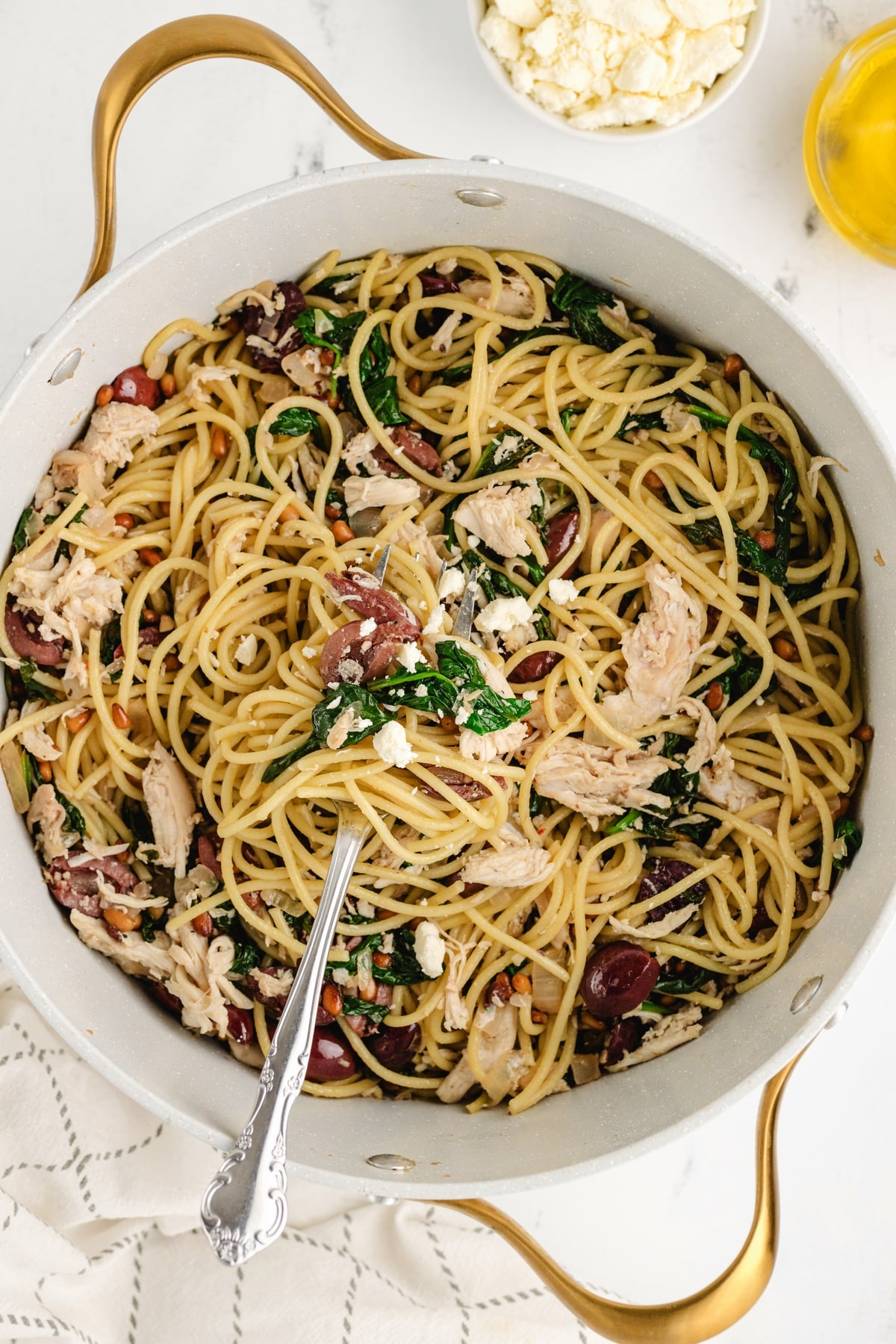 A pasta pot full of Greek Chicken Pasta Greek chicken pasta in alarge pot