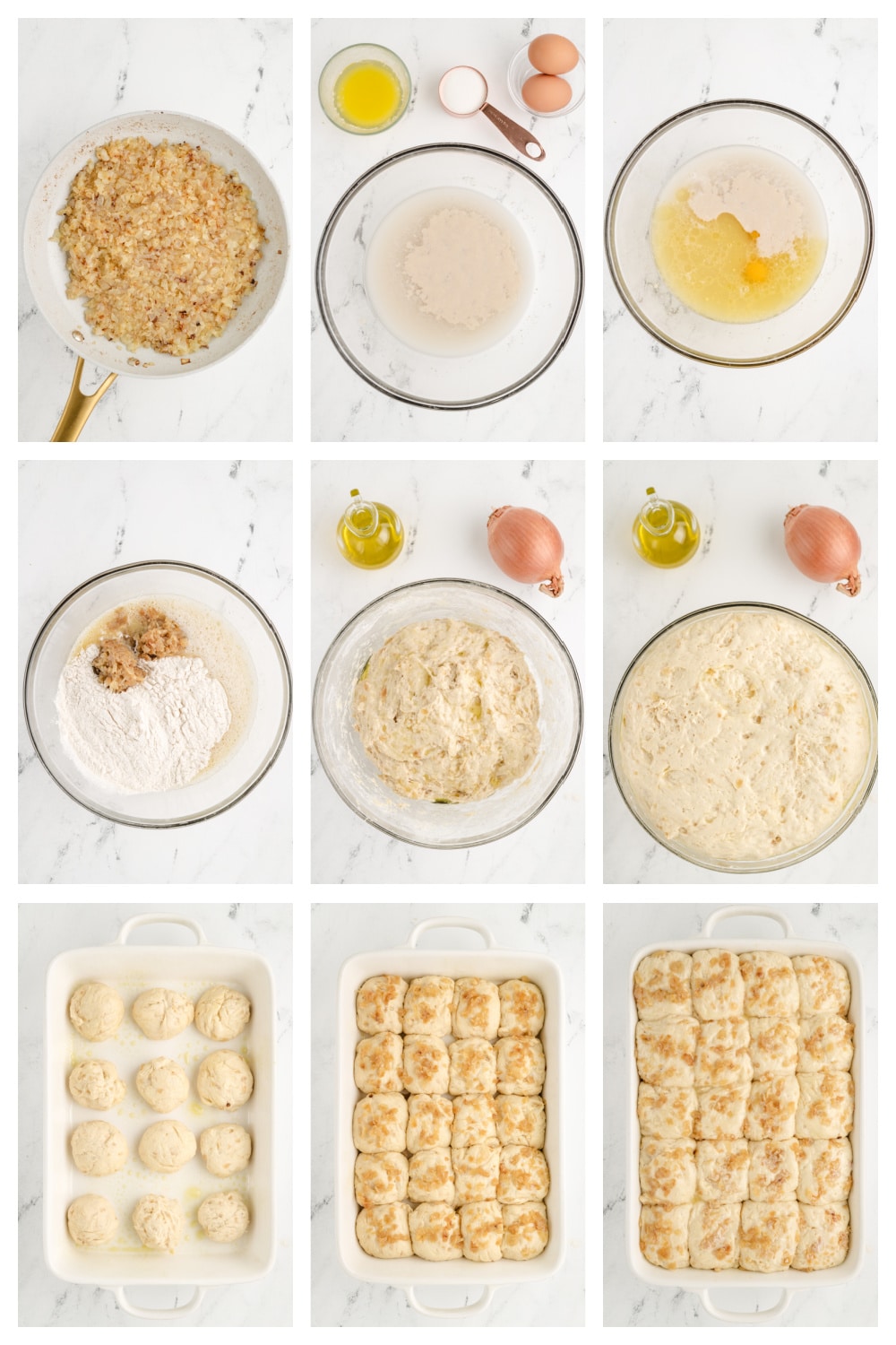 How to make No-Knead Onion Rolls A collage showing key steps: mixing the dough, shaping the rolls, letting them rise, and brushing with butter before baking.