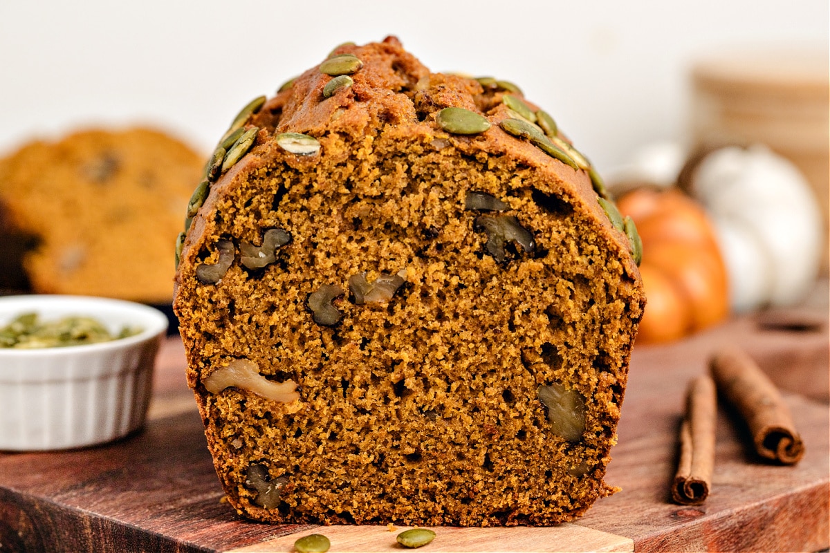 Lower Calorie Pumpkin Bread Lower calorie pumpkin bread with walnuts inside the loaf.