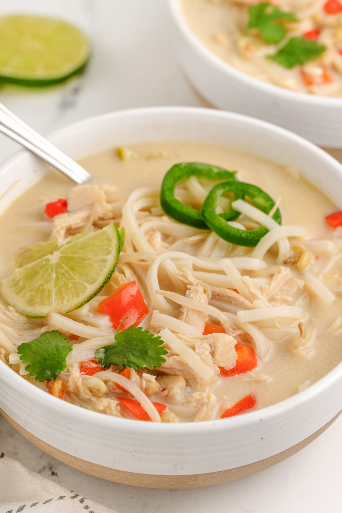 Slow Cooker Thai Chicken Noodle Soup with a spoonful close up of thai chicken soup