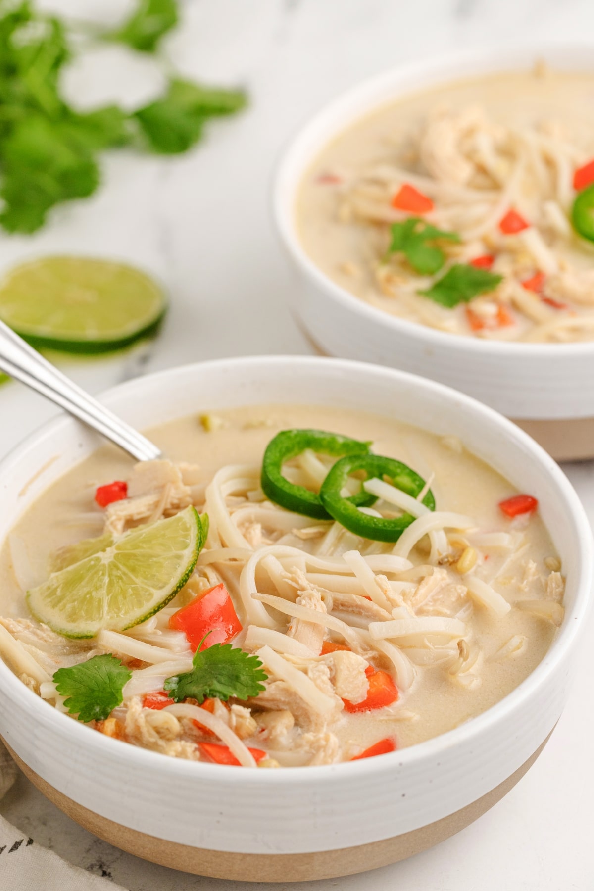 Slow Cooker Thai Chicken Noodle Soup ready to eat slow cooker thai chicken noodle soup in serving bowls