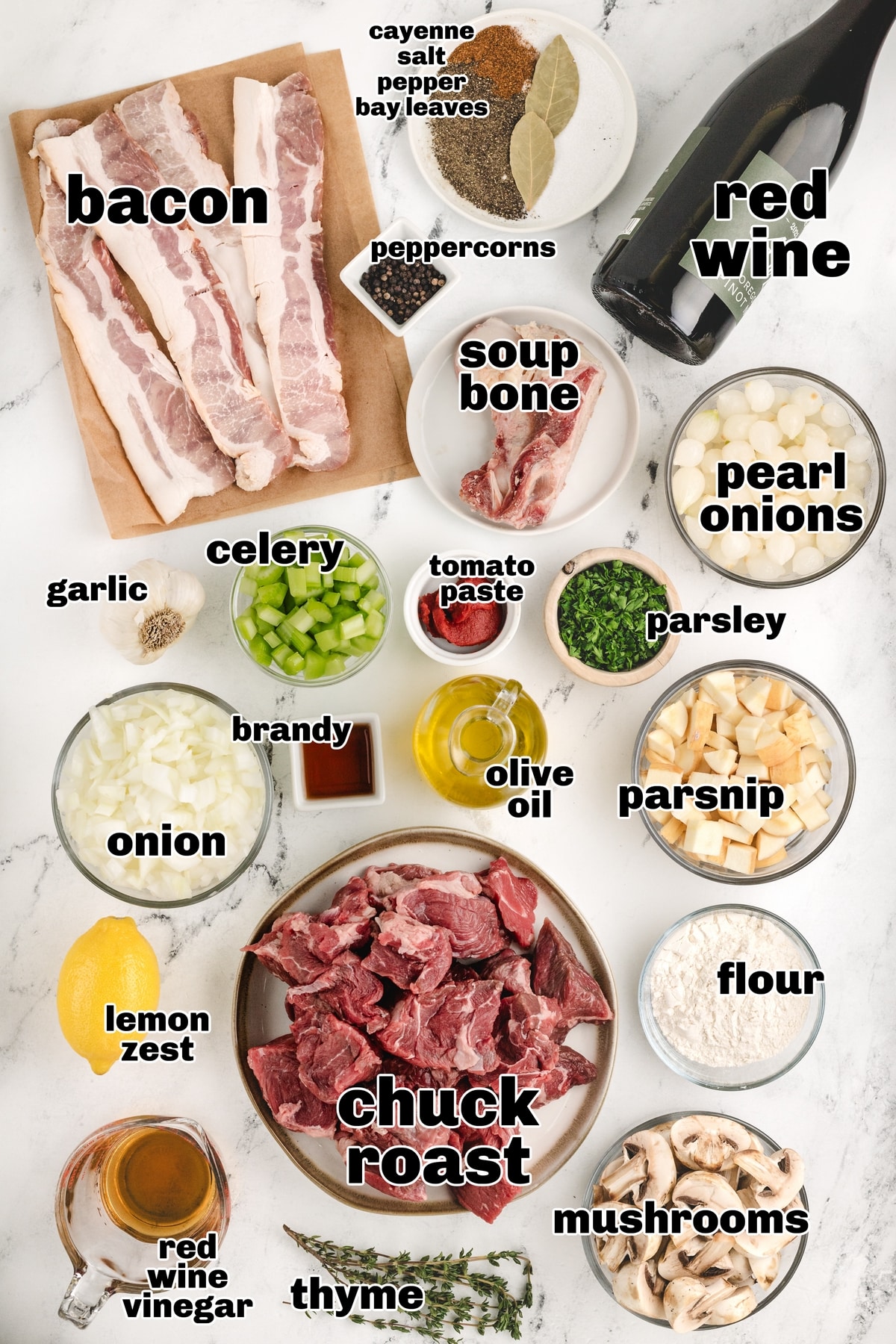 Beef Bourguignon ingredients ingredients for French beef stew