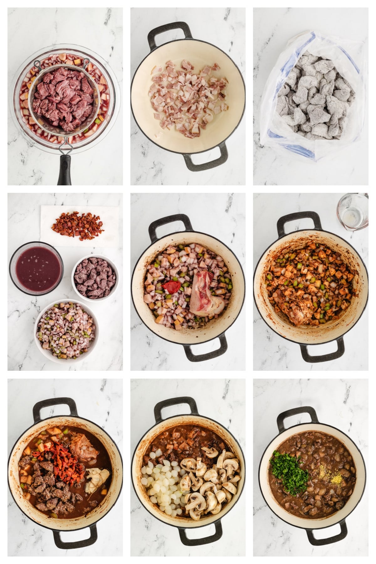 Beef Bourguignon step by step process step by step collage