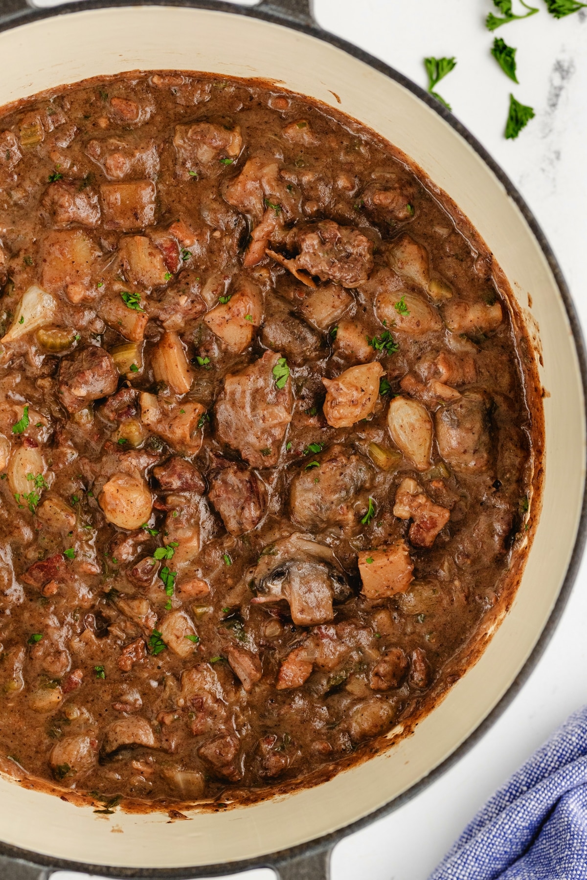 Beef Bourguignon overhead view in a pot Beef Bourguignon in a Dutch oven
