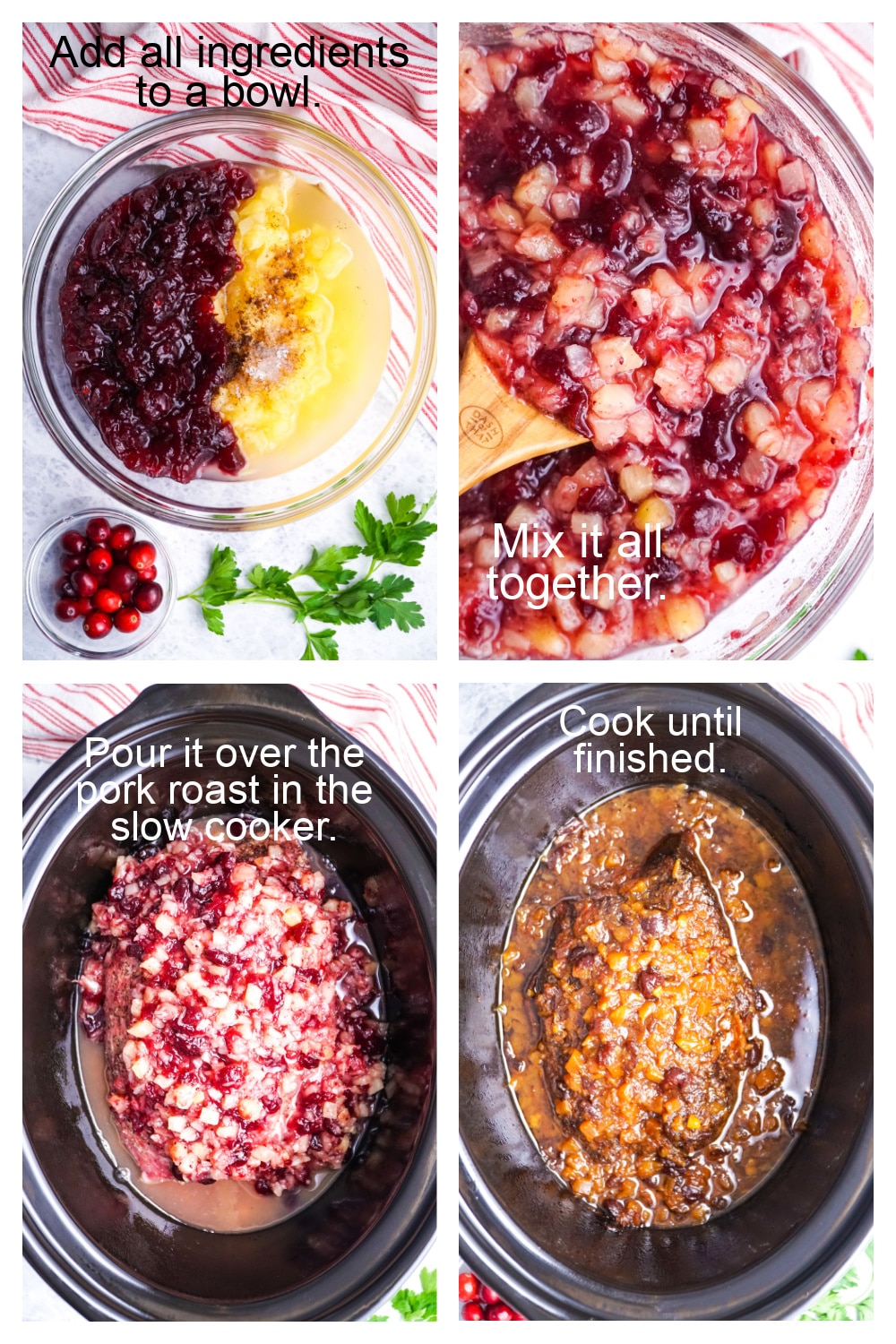 Step-by-step process of seasoning pork, mixing sauce ingredients, pouring sauce over pork, and slow cooking it.