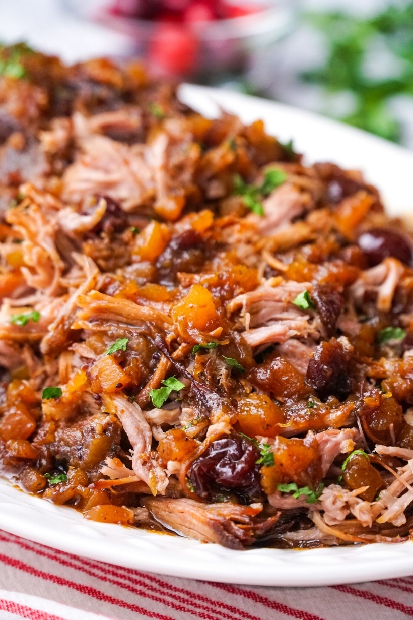 Tender shredded pork with cranberry-pineapple sauce served on a white plate.
