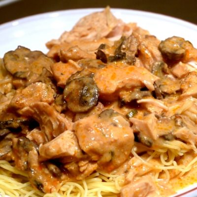 Slow Cooker Super Saucy Chicken over Angel Hair Pasta