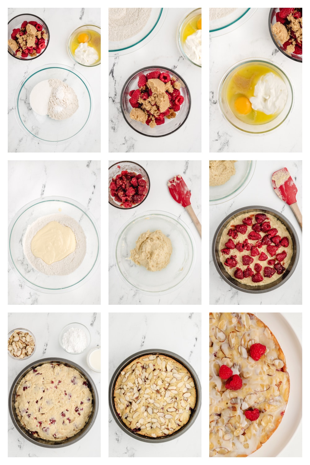 Step-by-step collage showing the process of making the coffee cake, from mixing the batter to layering the raspberries and baking.