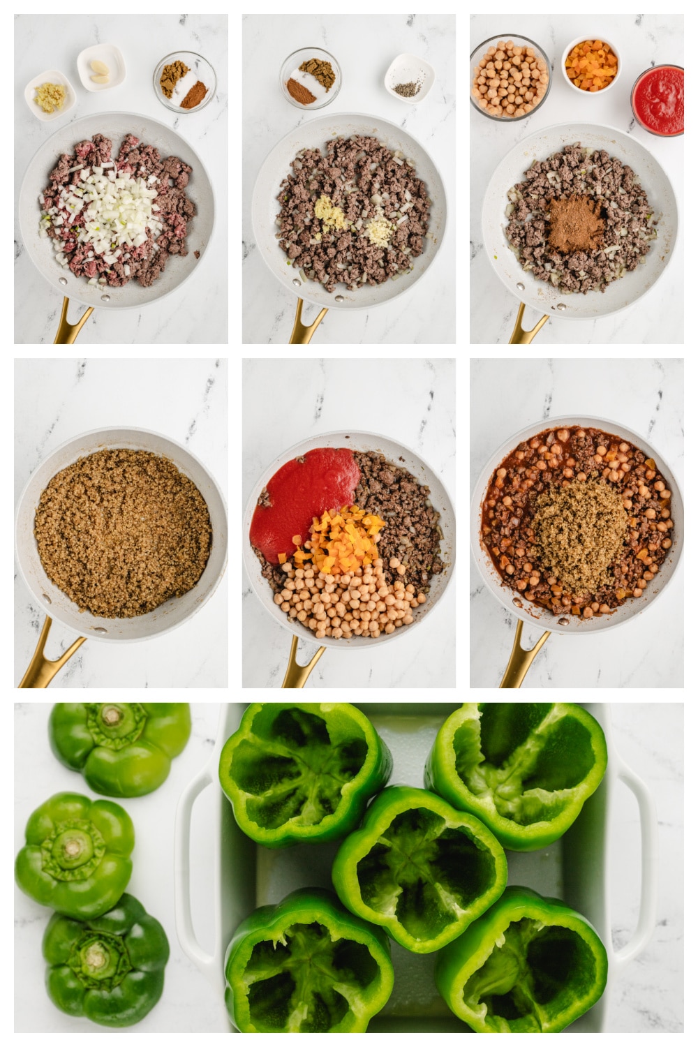 How to make Mediterranean-Style Stuffed Peppers Step-by-step collage showing the cooking process, from cooking the quinoa and browning the beef to stuffing the peppers and baking them in the oven.