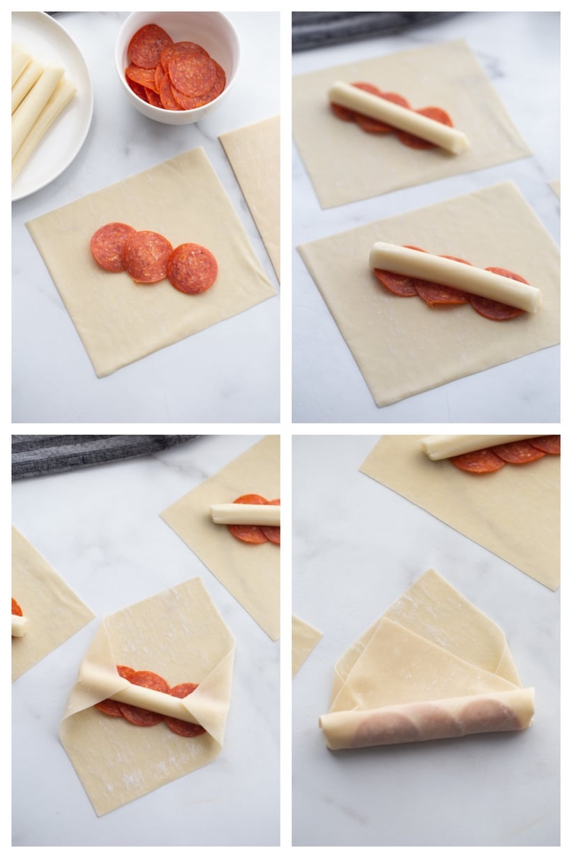 Mozzarella Pepperoni Pizza Sticks made with egg roll wrappers are crunchy on the outside with gooey cheese and pepperoni on the inside. These are a fun appetizer for any party. wonton mozzarella sticks