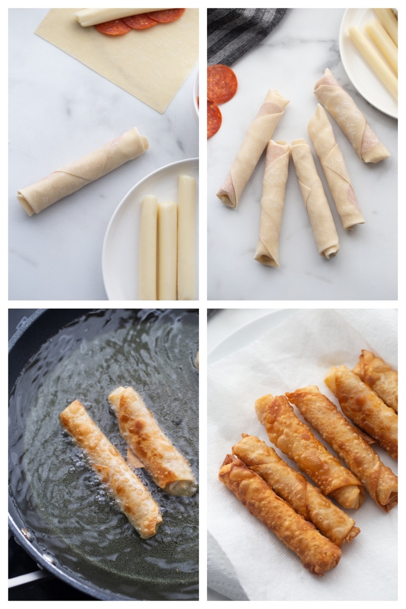 Mozzarella Pepperoni Pizza Sticks made with egg roll wrappers are crunchy on the outside with gooey cheese and pepperoni on the inside. These are a fun appetizer for any party. pepperoni sticks recipe