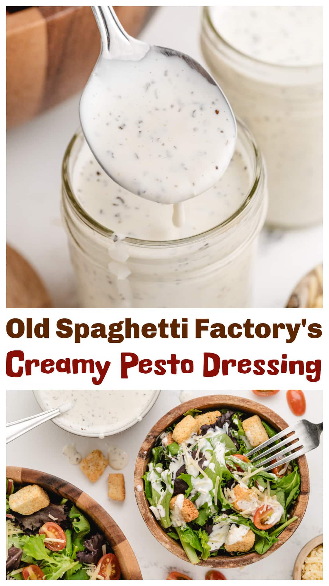Make this copycat Old Spaghetti Factory creamy pesto dressing at home with simple ingredients like buttermilk, mayo, dried basil, garlic, and Parmesan. It’s tangy, herby, and smooth—just like the restaurant version. This homemade creamy pesto salad dressing is perfect for wedge salads, veggie dips, or pasta salad. No blender needed, just shake and chill. Keep it in the fridge all week. via @cmpollak1