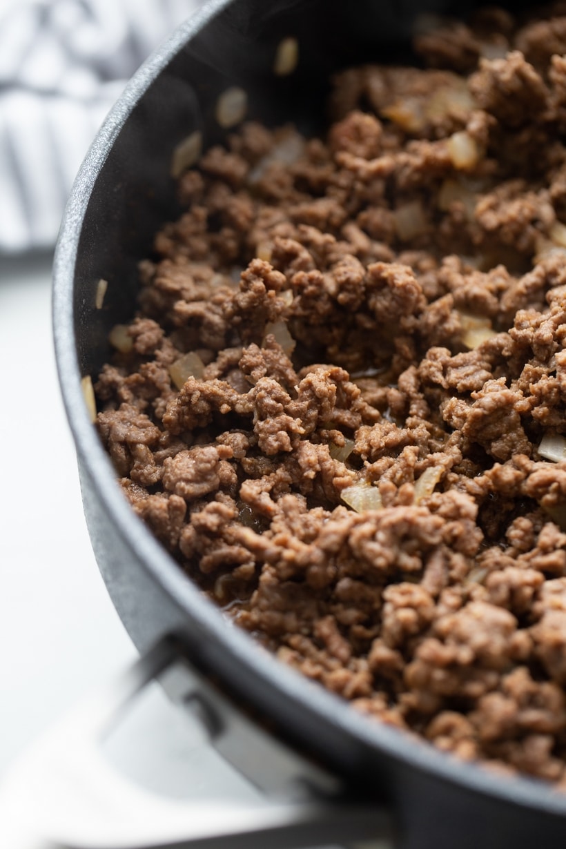 Cooked Ground Beef for Tostadas Cooked ground beef and onion mixture browned in skillet
