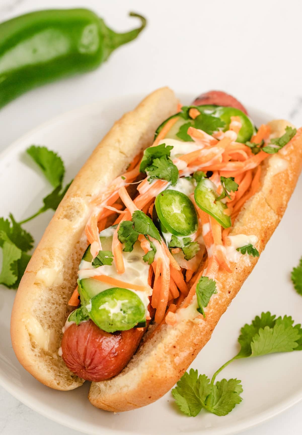 Hosting a hot dog bar has always been a fun way for me to showcase that my taste for hot dogs extends far beyond just mustard and ketchup. I love experimenting with interesting and unique toppings, and I think you'll be pleasantly surprised by how delicious these unconventional hot dogs can be. Banh Mi Hot Dog