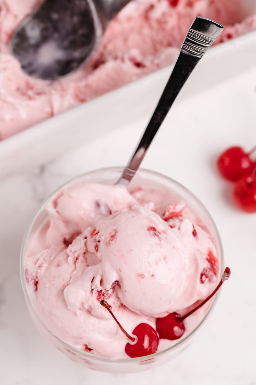 Maraschino Cherry Ice Cream is a deliciously creamy cherry ice cream and does not require making a custard. Just chill your ingredients before freezing in your ice cream maker and you will soon be enjoying your new favorite dessert. pink ice cream
